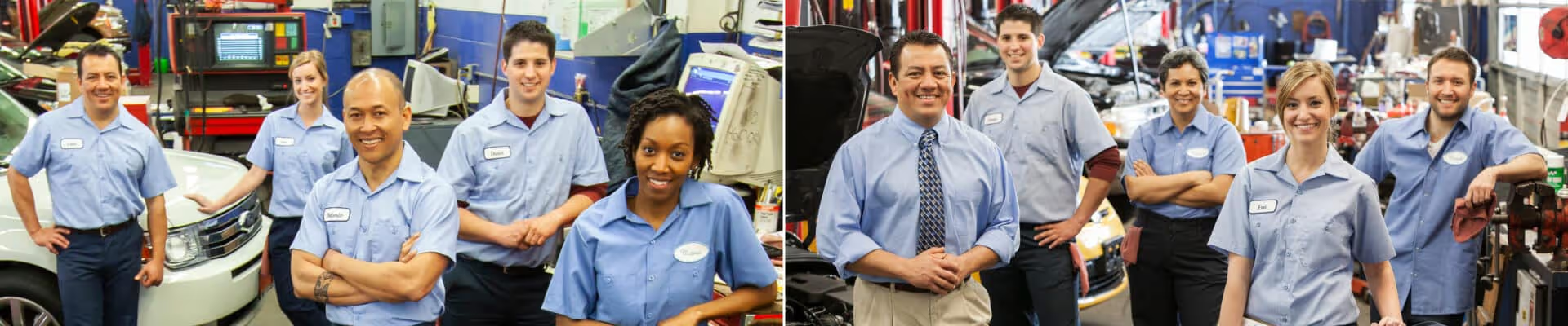 Two diverse groups of smiling auto mechanics and a manager in a car service garage.